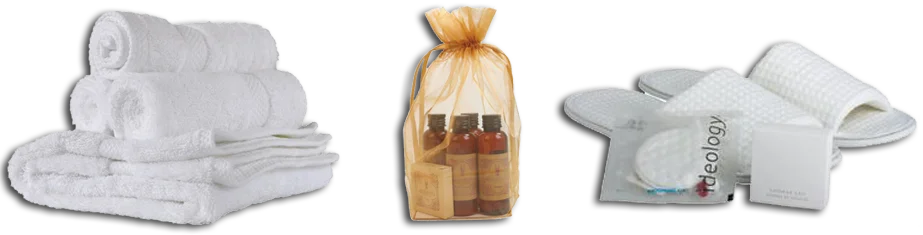 Fresh white towels, bath toiletries and guest slippers provided in every room
